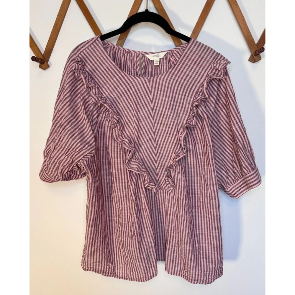 Cotton Pink Ruffle Linen Top Terra & Sky - 1X